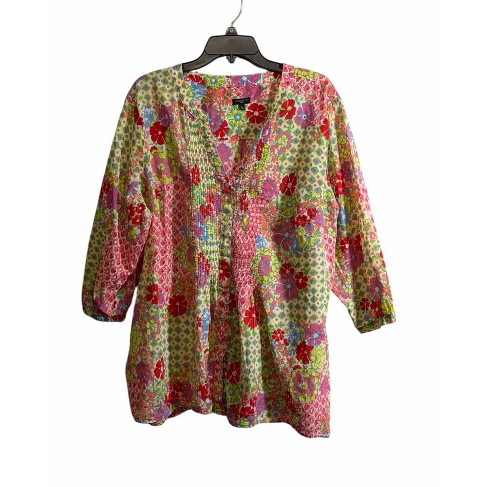Talbots 3X Floral Patchwork Pintuck Cotton Tunic Top Multicolor Boho Festival